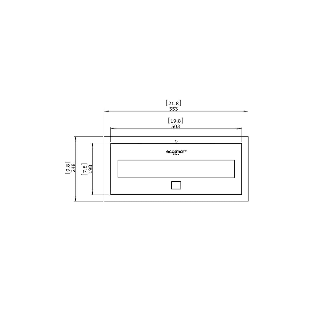 Technical line drawing of an EcoSmart Fire XL500 Ethanol Burner showing top-down dimensions in millimetres and inches.
