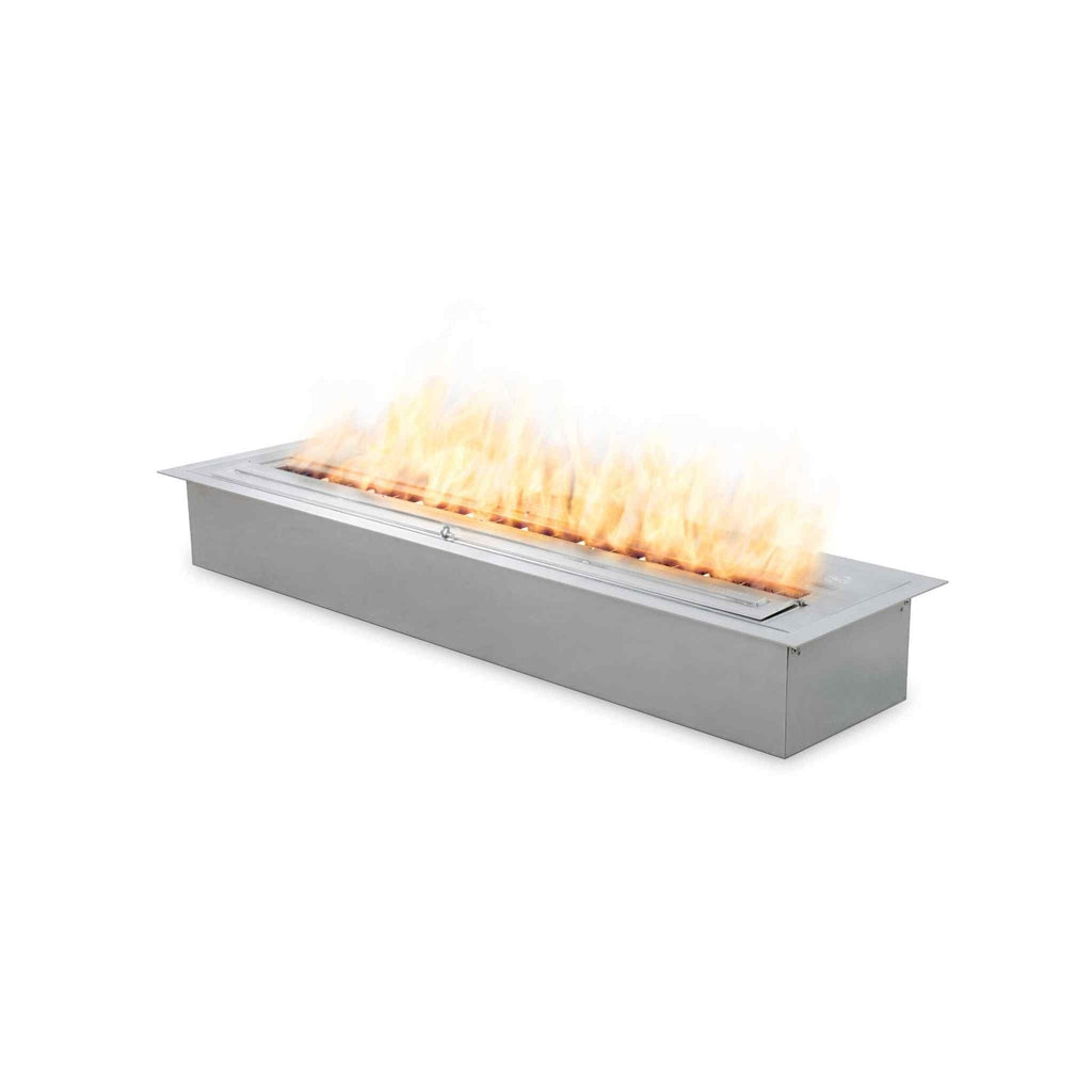 EcoSmart Fire XL900 ethanol burner in brushed stainless steel with a long, linear flame against a white background.