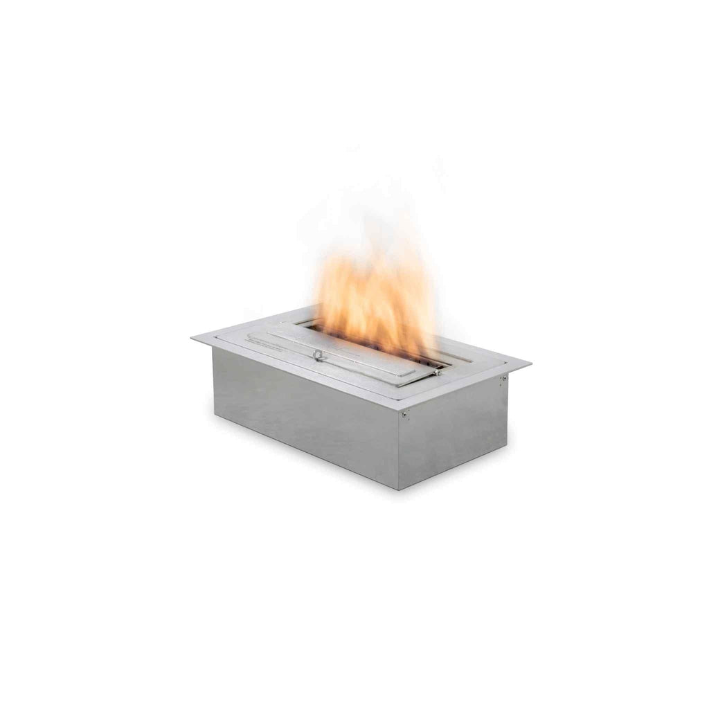 EcoSmart Fire XS340 ethanol burner in brushed stainless steel with a rectangular frame and active orange flame.