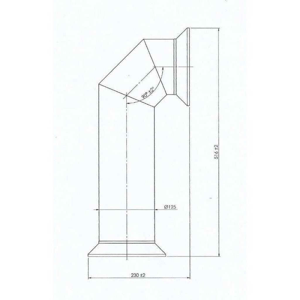 Technical line drawing of a 90-degree flue pipe accessory for the Flametek Alto S 2Kw Electric Stove with dimensions.