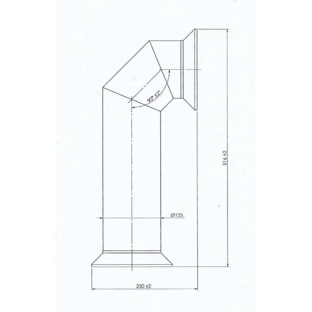 Technical line drawing of a 90-degree flue pipe component for the Flametek Alto T Electric stove with measurements.