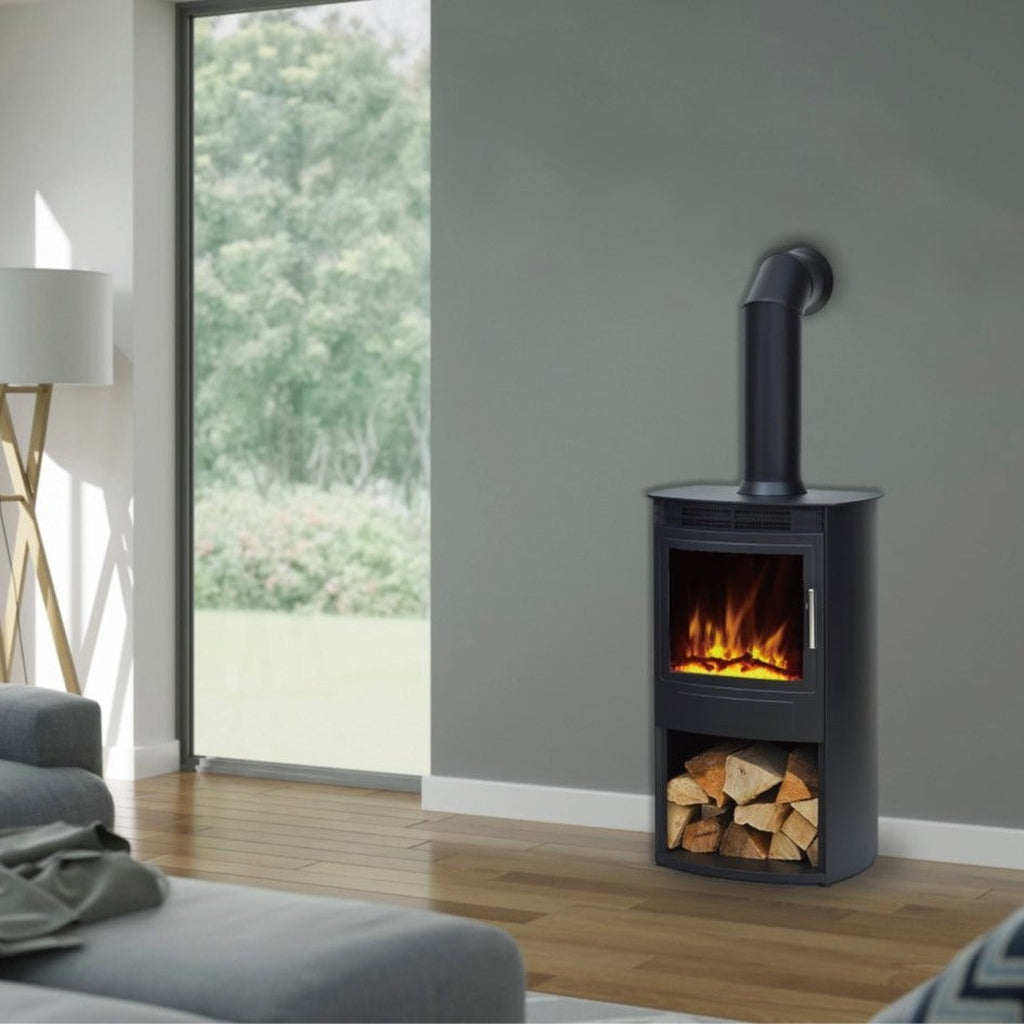 Flametek Alto T electric stove in black with a log storage base and realistic flame effect in a modern living room.