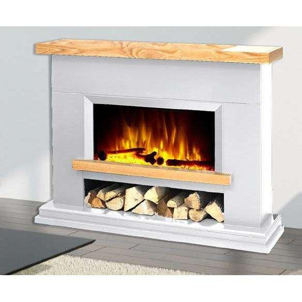 Flametek Brooklyn electric fireplace with a white surround, oak-effect mantel, and log storage compartment.