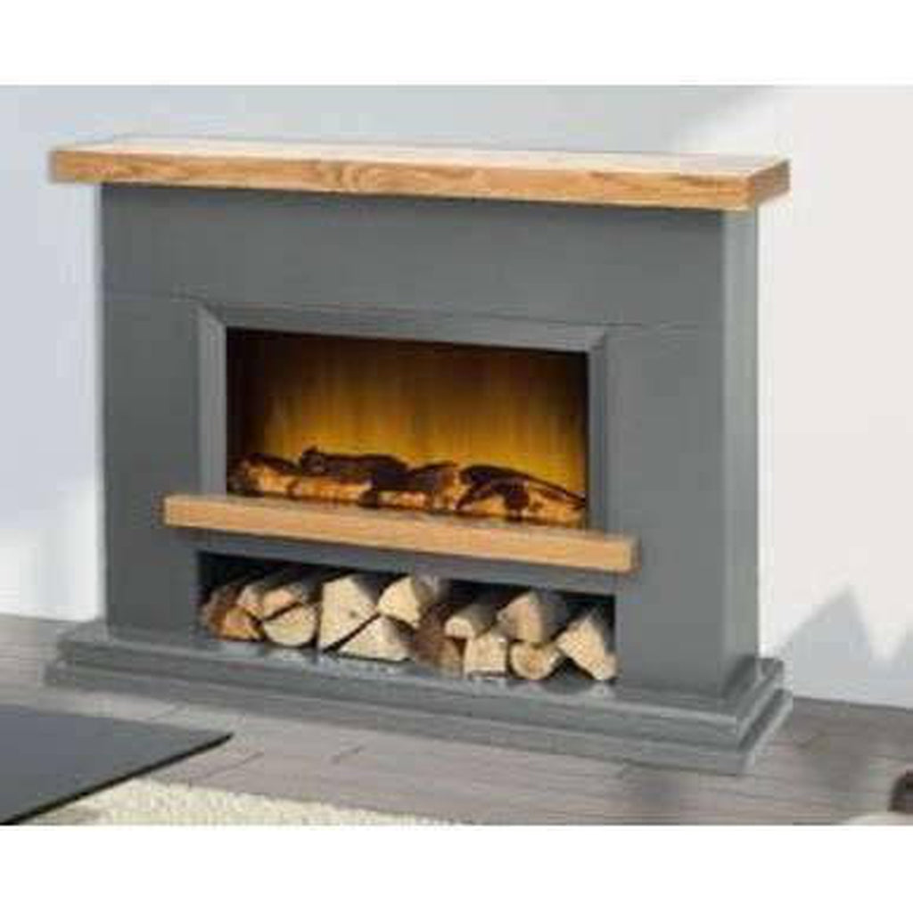 Flametek Brooklyn electric fireplace in grey with a natural oak-effect mantel and a log storage shelf base.