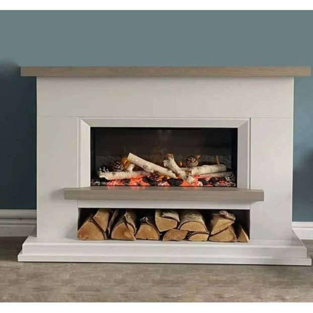 Flametek Brooklyn electric fireplace with a white surround, oak-effect mantel, and log storage compartment.