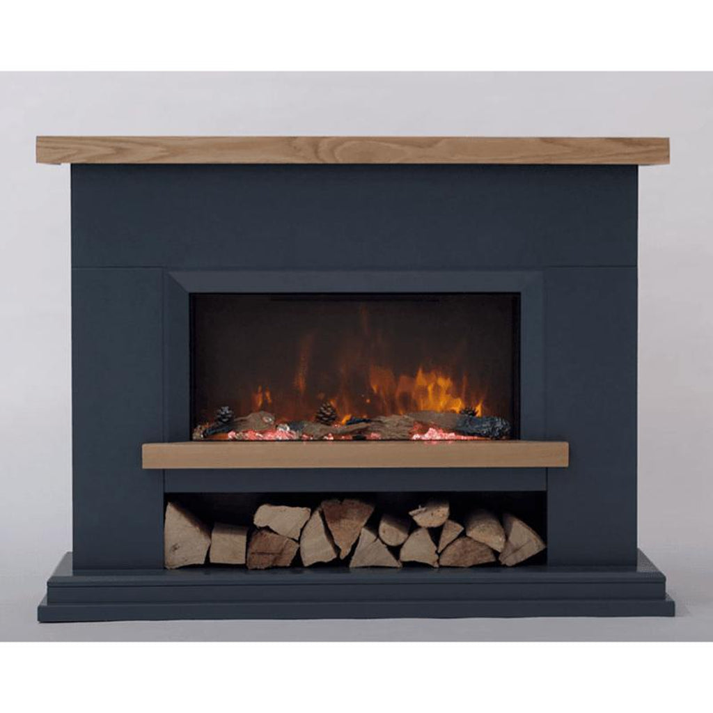 Flametek Brooklyn electric fireplace in charcoal grey with a natural oak mantel, shelf, and log storage base.