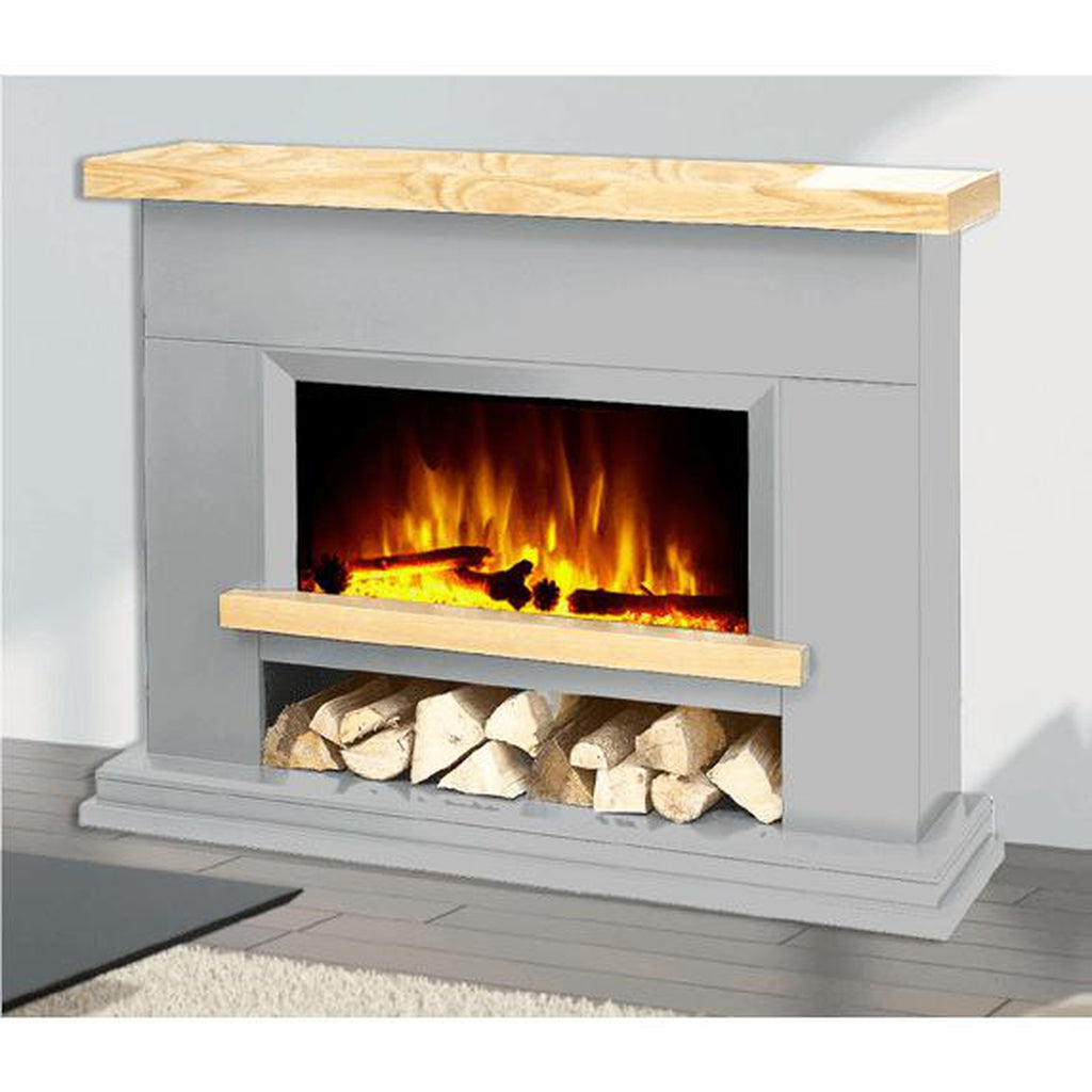 Flametek Brooklyn electric fireplace with a grey surround, light wood mantel, and a log storage shelf underneath.