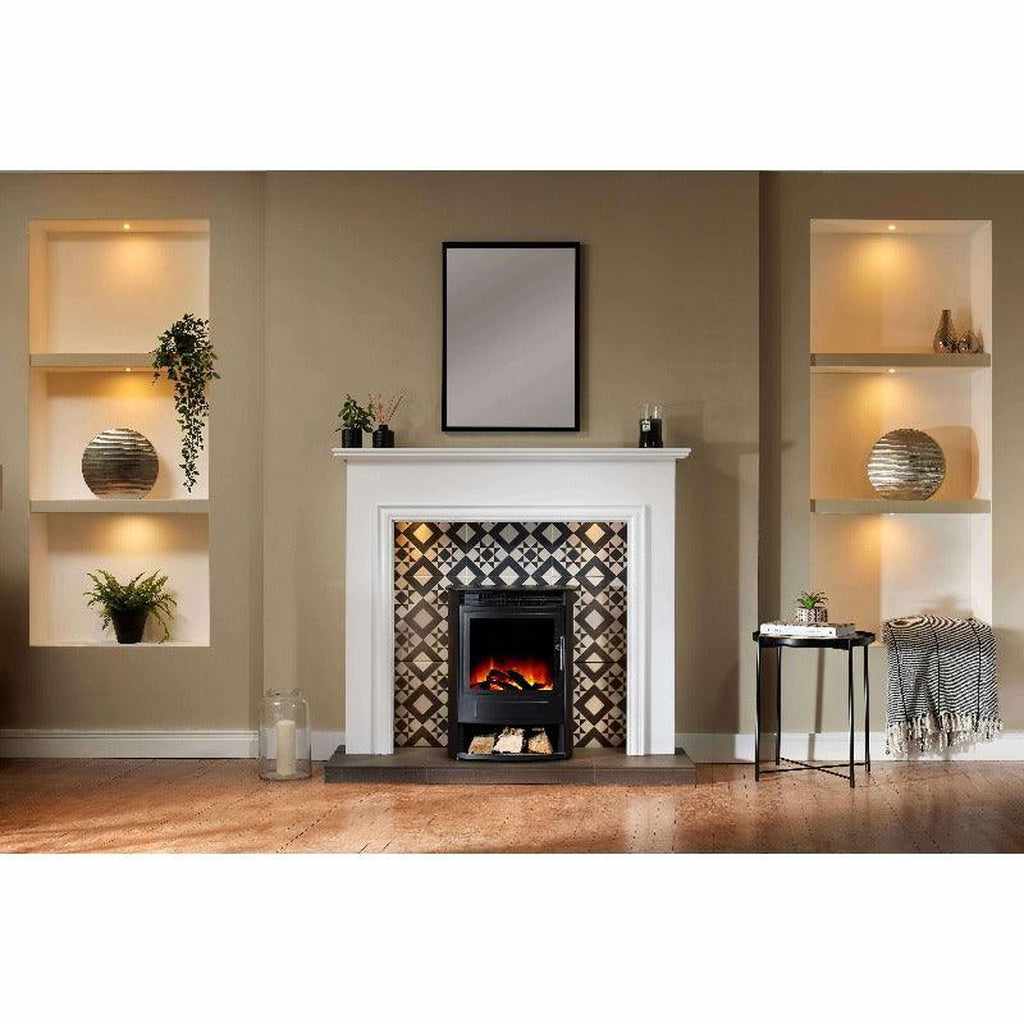 Flametek Capella Electric Stove Suite with a white mantel and decorative geometric tiled hearth in a living room.