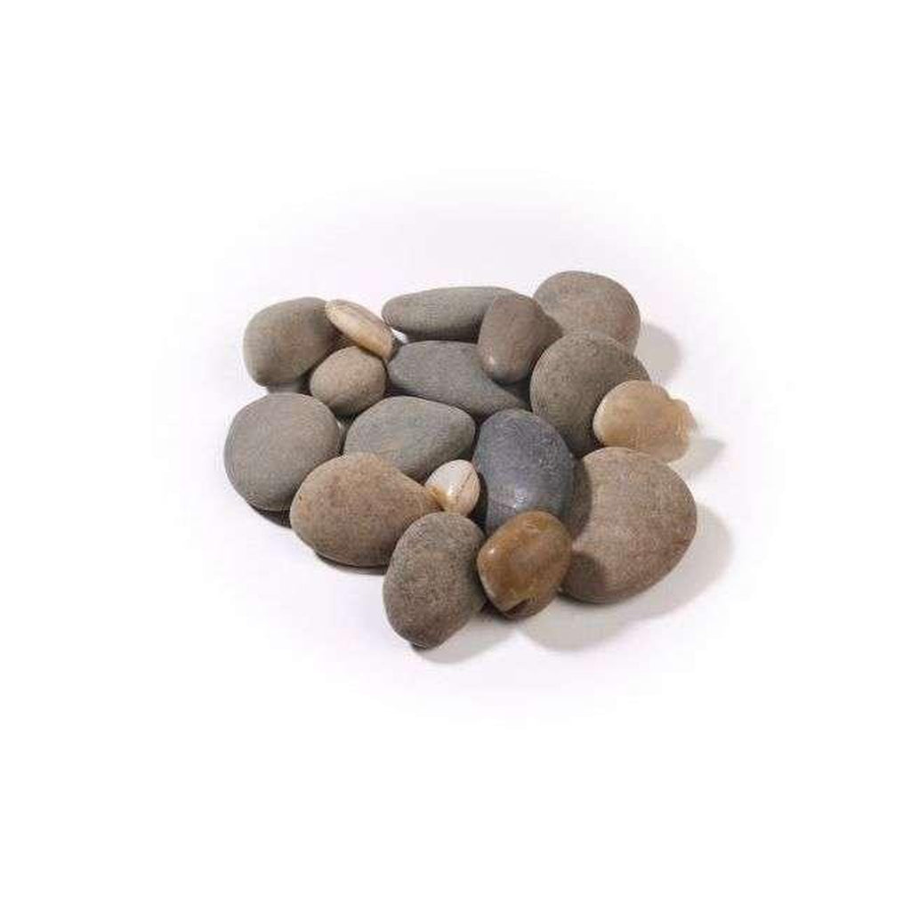 A pile of smooth, rounded grey and brown decorative pebbles for the Flametek Capella Electric Stove Suite.
