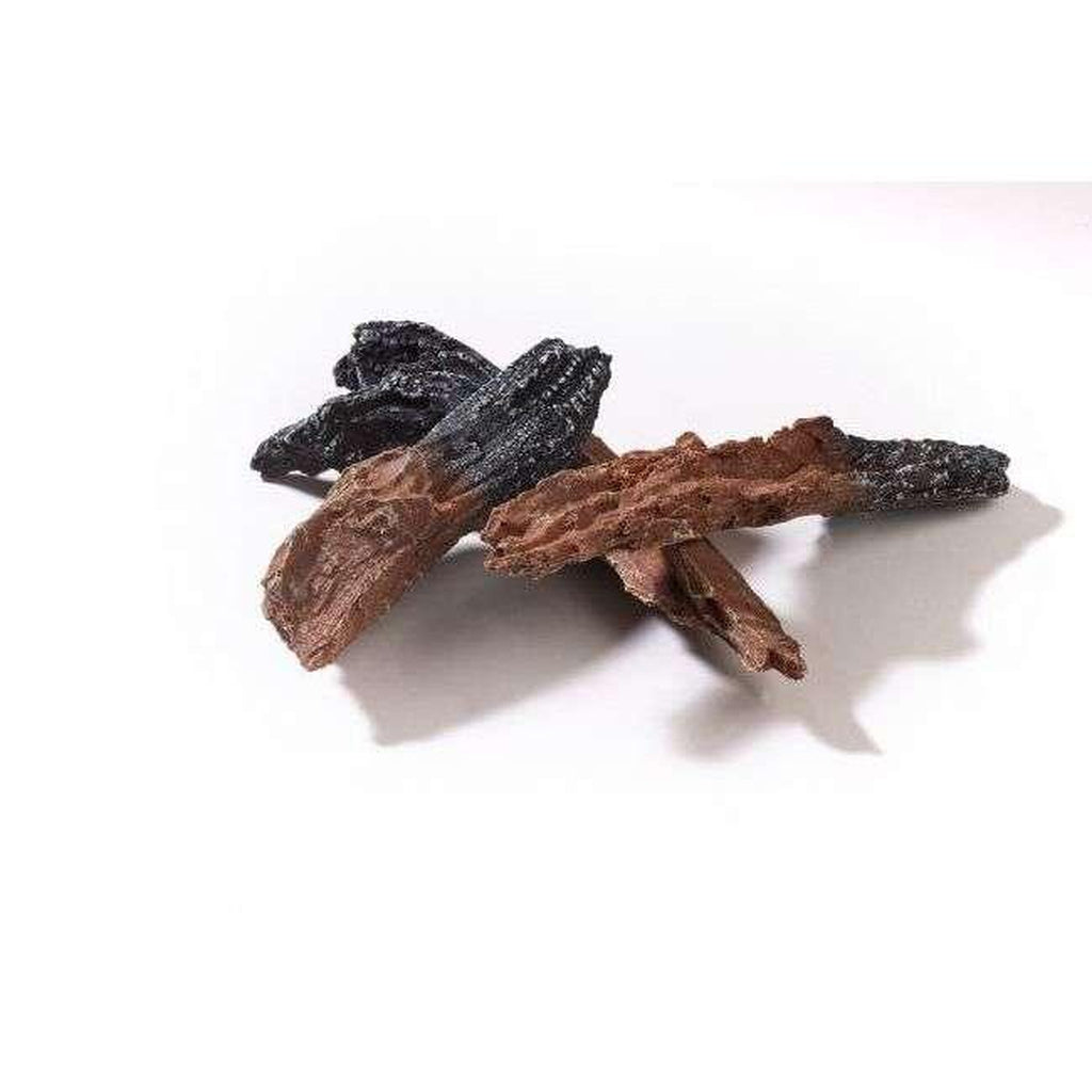 Flametek Capella Electric Stove Suite realistic brown and charred black decorative fuel bed logs on white background.
