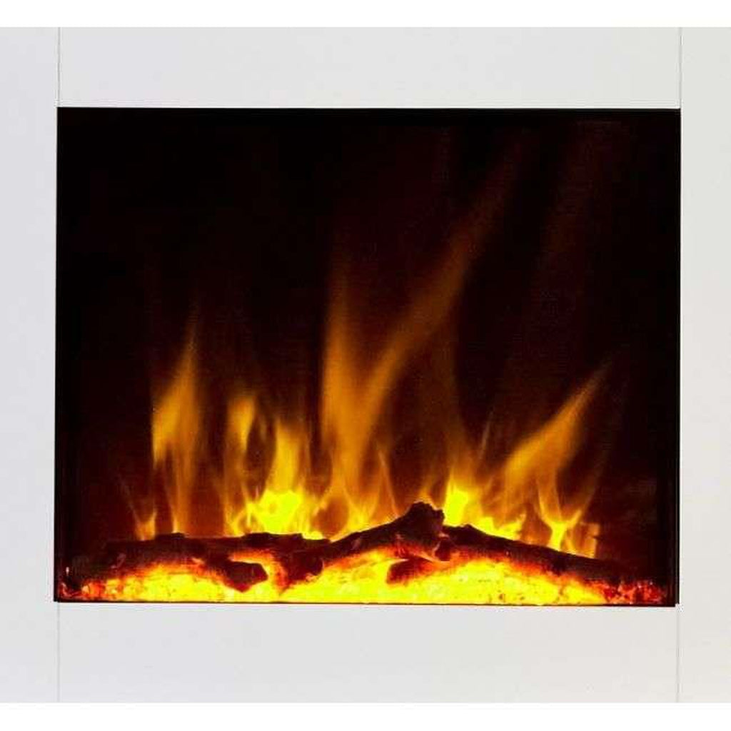 Flametek F722 Electric Inset Fire with a white frame and realistic glowing log fuel bed with orange flames.