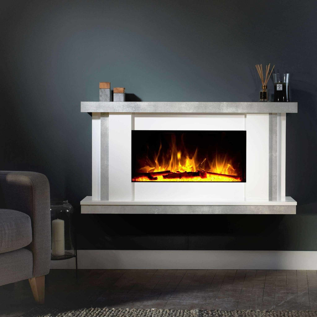 Flametek Juno Electric Fireplace Suite with a white and grey concrete-effect finish mounted on a dark grey wall.