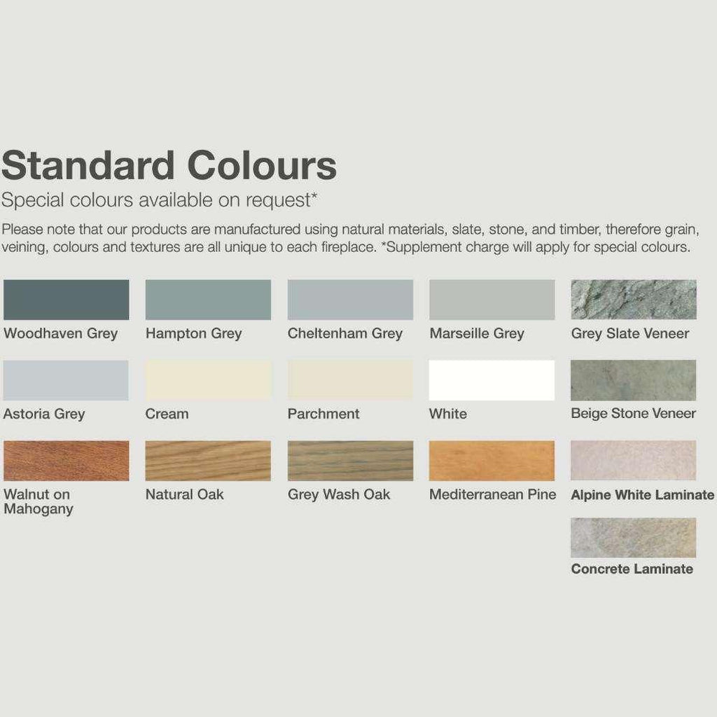 Flametek Juno Electric Fireplace Suite colour palette showing grey, cream, white, wood grain, and stone veneer finishes.