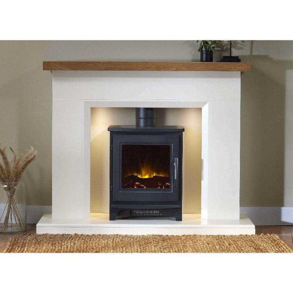 Flametek Liberty Electric Stove Suite with a black stove, white surround, and oak-effect mantel shelf.