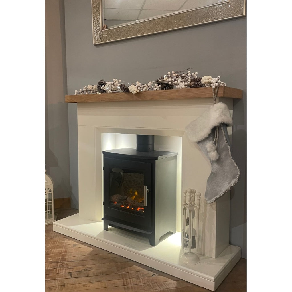 Flametek Liberty Electric Stove Suite with a cream surround, oak-effect mantel, and black stove with glowing embers.