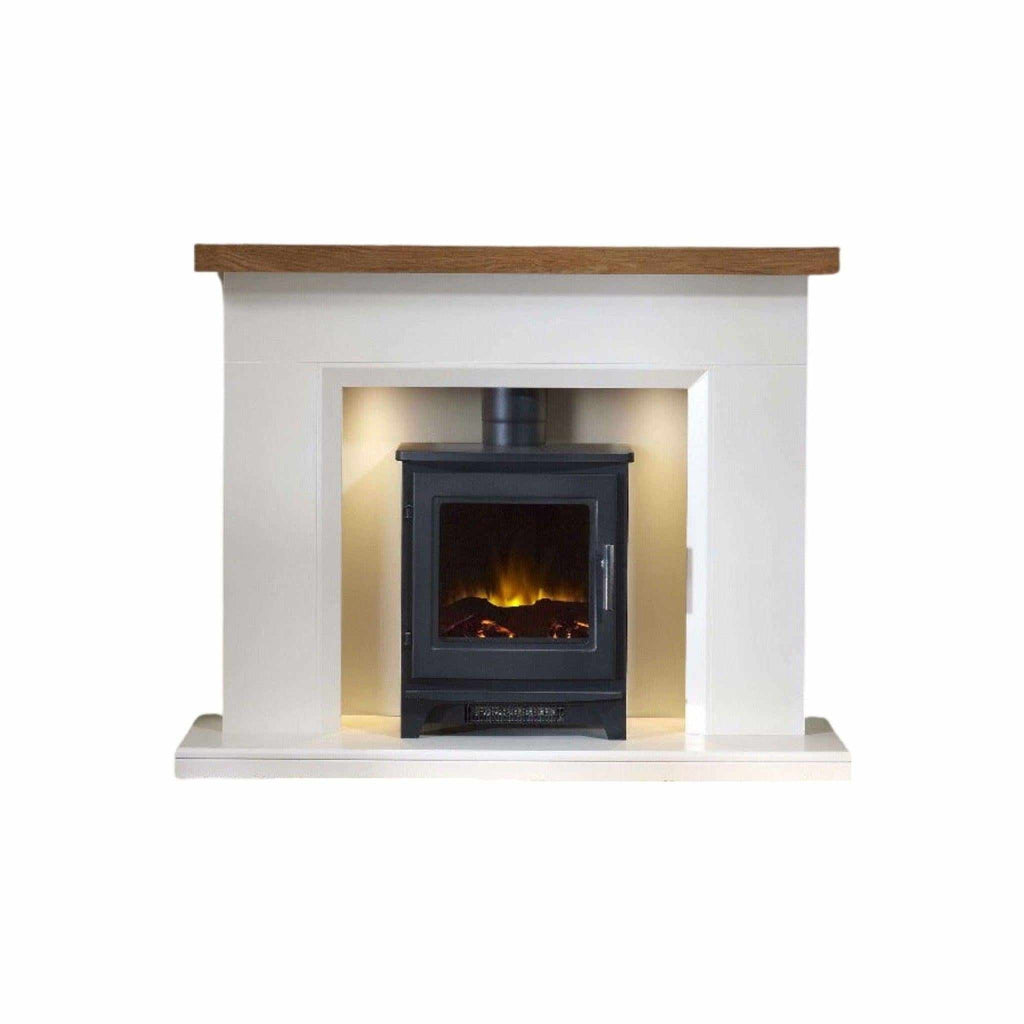Flametek Liberty Electric Stove Suite with a black stove, white surround, and oak-effect mantelpiece.