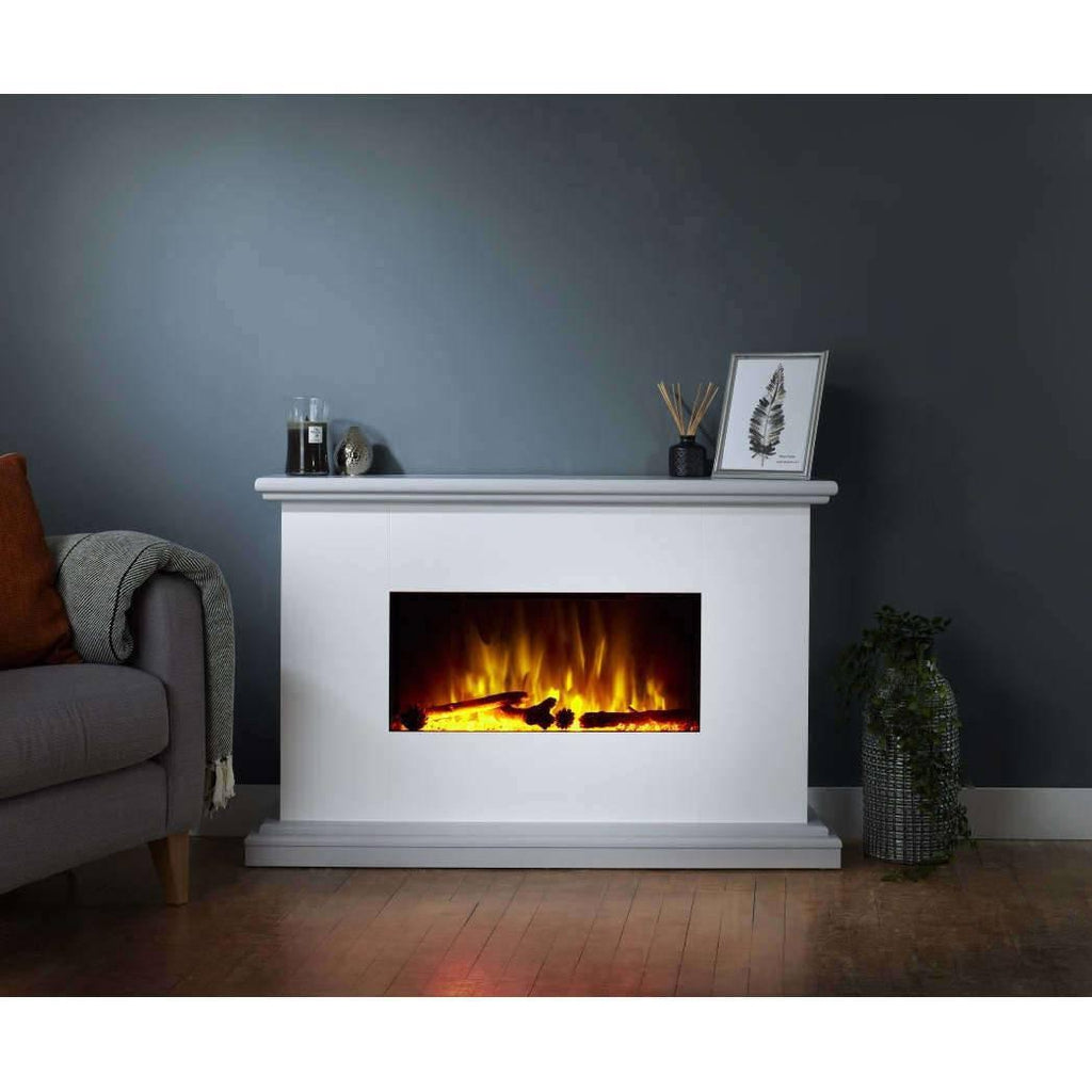 Flametek Midi Electric Fireplace Suite with a white surround, grey mantel and plinth, and a realistic log flame effect.