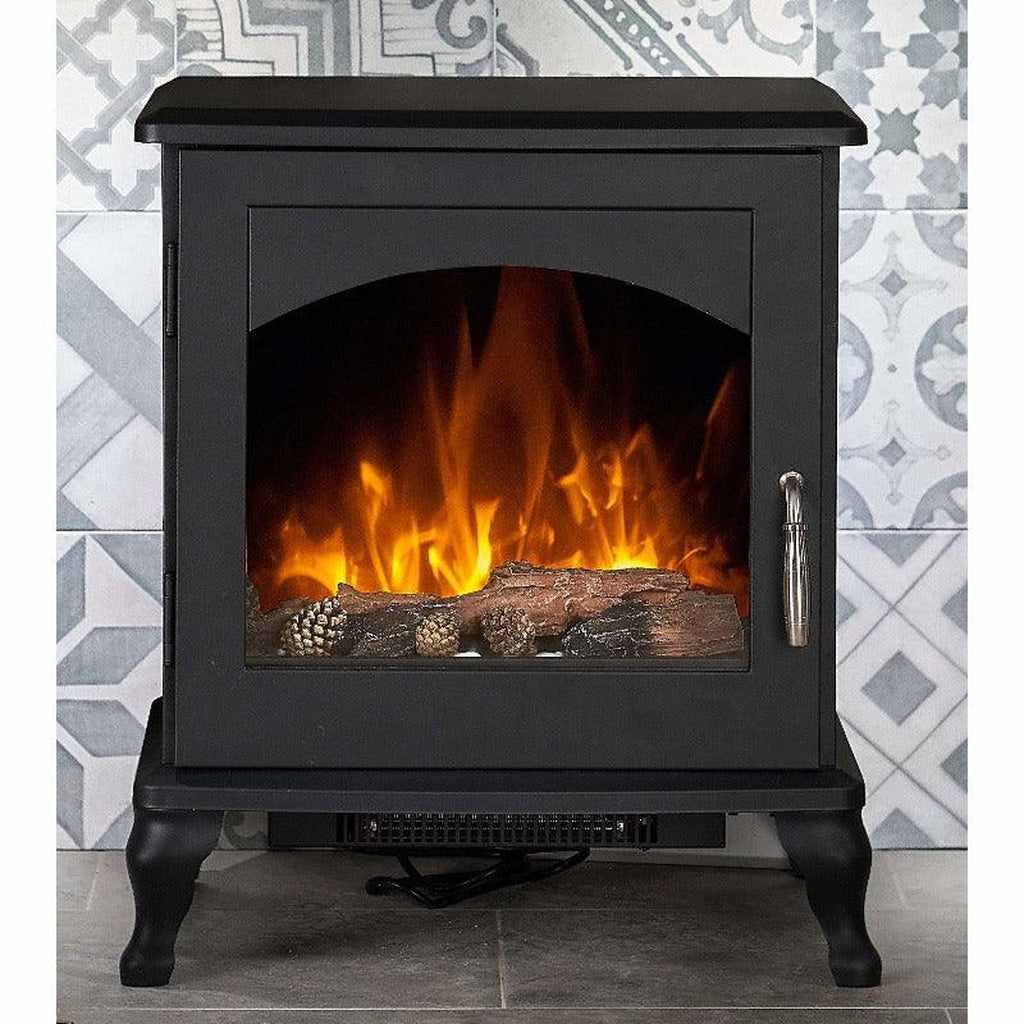 Flametek Reo 2kw electric stove in black with a realistic log flame effect and curved door handle on a tiled hearth.