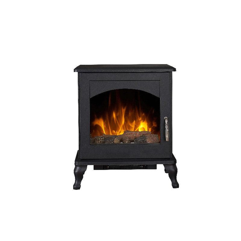 Flametek Reo 2kw electric stove in matte black with a curved glass door, log fuel bed, and ornate cast-style legs.