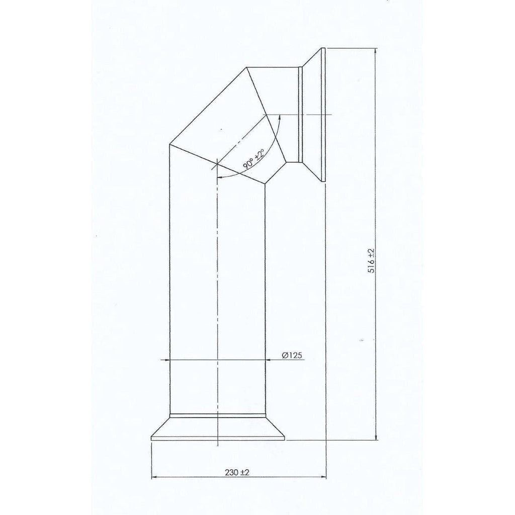 Technical line drawing of a 90-degree flue pipe elbow with dimensions for the Flametek Reo 2kw Electric Stove.