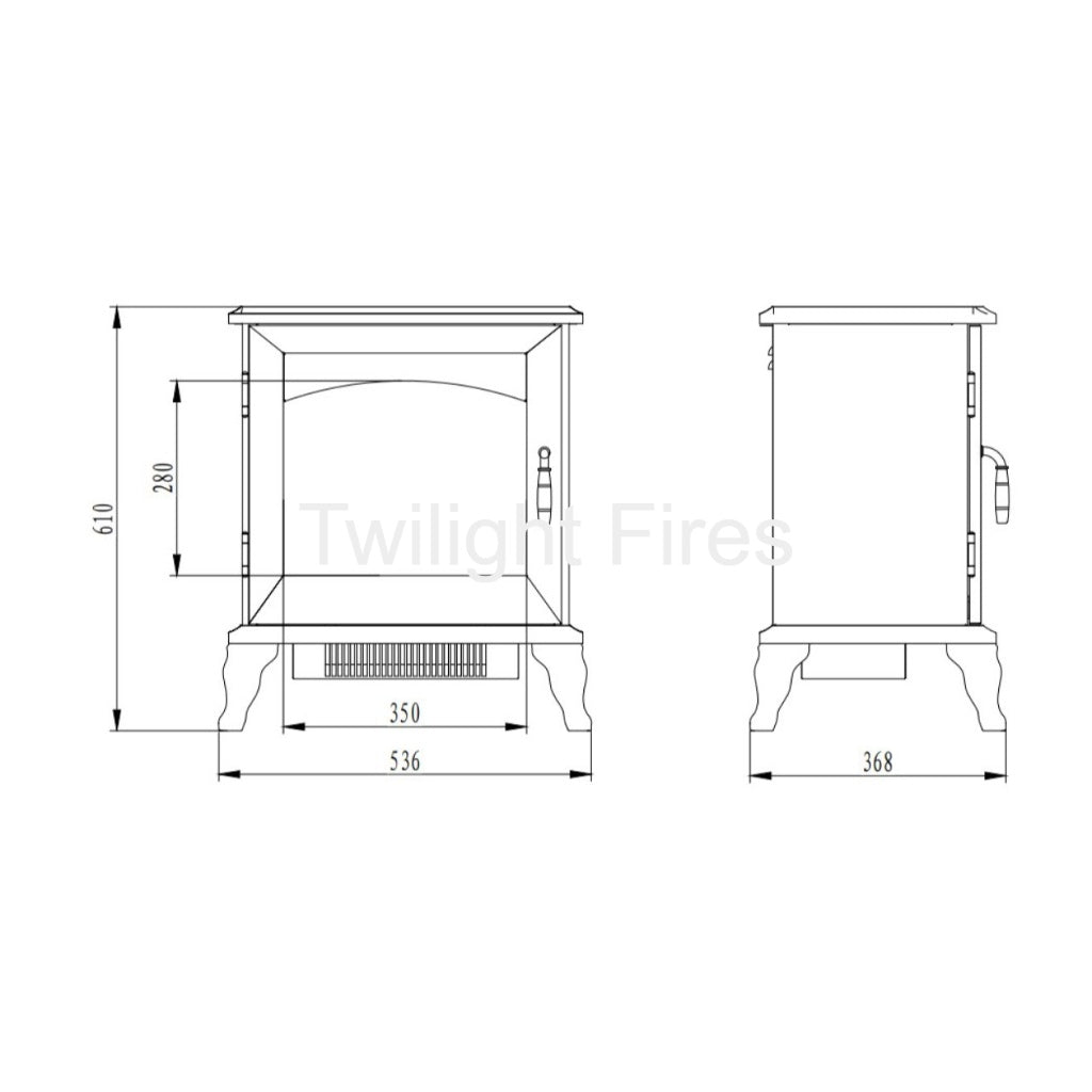 Flametek Reo 2kw Electric Stove technical line drawing showing front and side dimensions in millimetres.