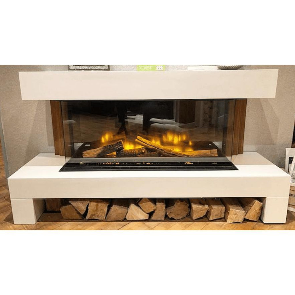 OER Alaska Electric Fireplace suite with a white mantel, glass-fronted fire, and a log storage base.