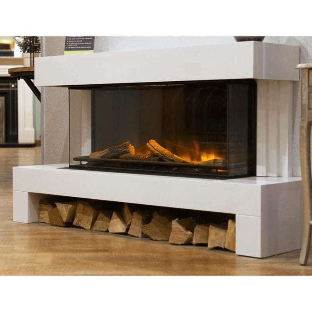 OER Alaska electric fireplace suite with a white surround, glass-fronted fire, and a log storage base.