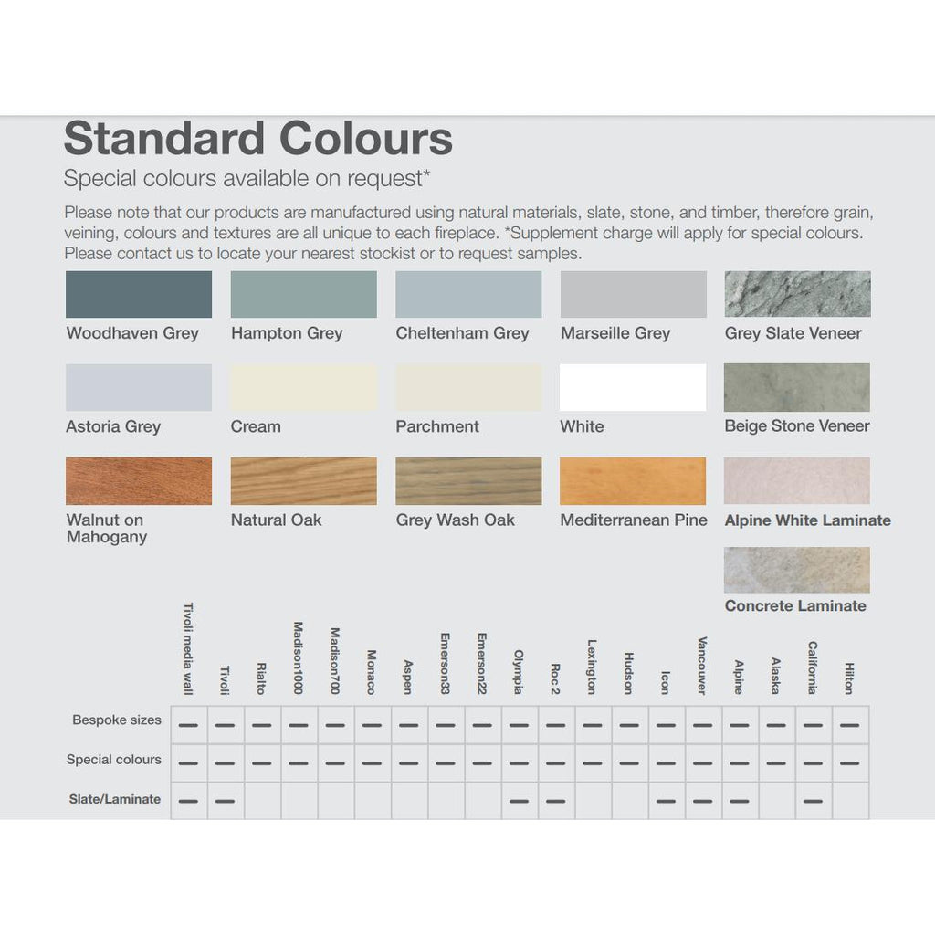 OER Alaska Electric Fireplace suite colour palette and customisation options chart showing various finishes.