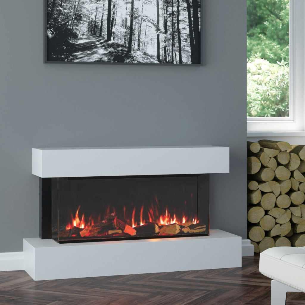 OER Alpine Electric Fireplace suite with a white surround, black glass firebox, and realistic glowing log effect.