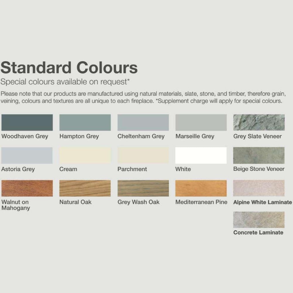 Colour swatch grid for OER Alpine Electric Fireplace suite showing various paint, wood, and stone veneer finishes.