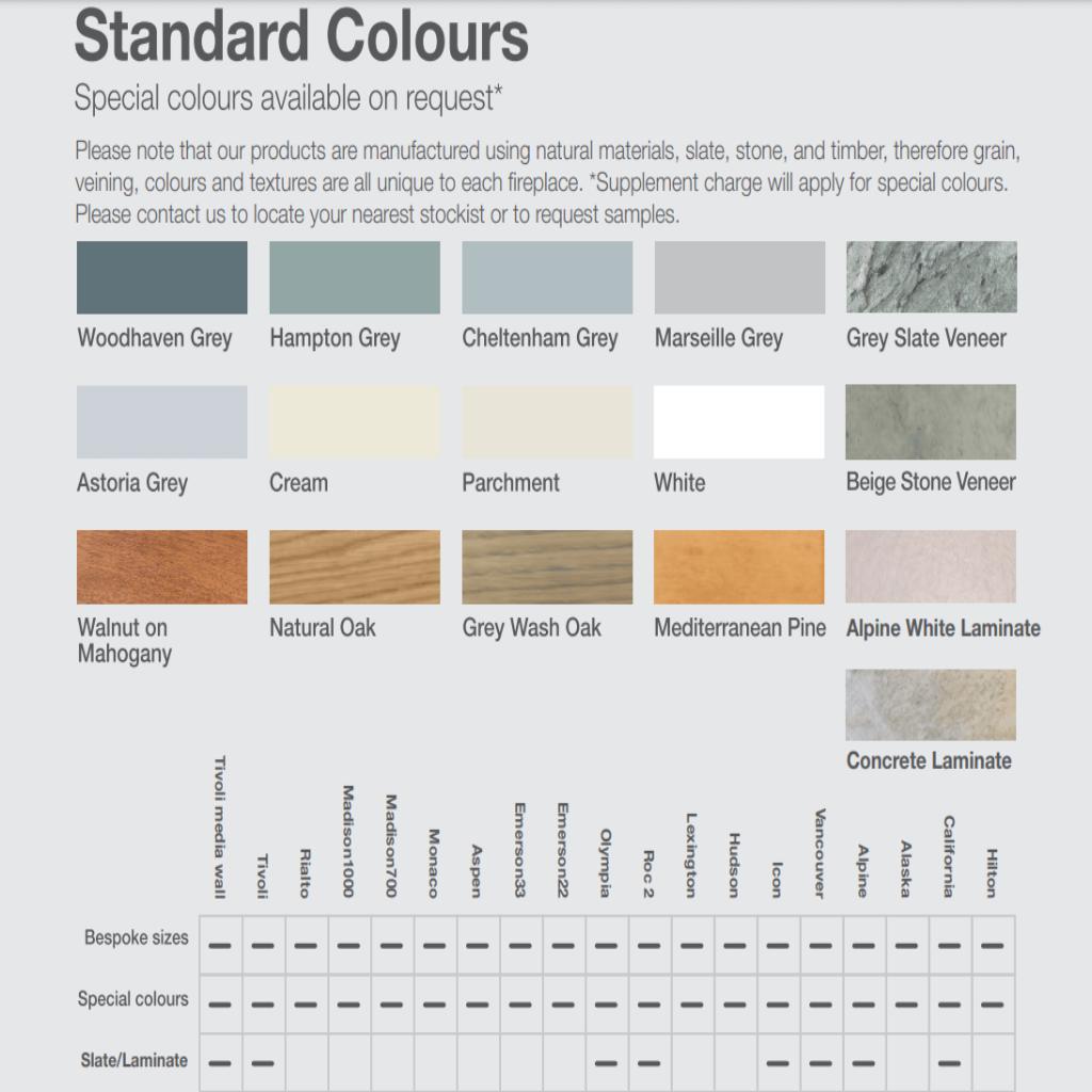Colour and finish chart for OER California Electric Fireplace suite showing paint, wood, and stone veneer options.