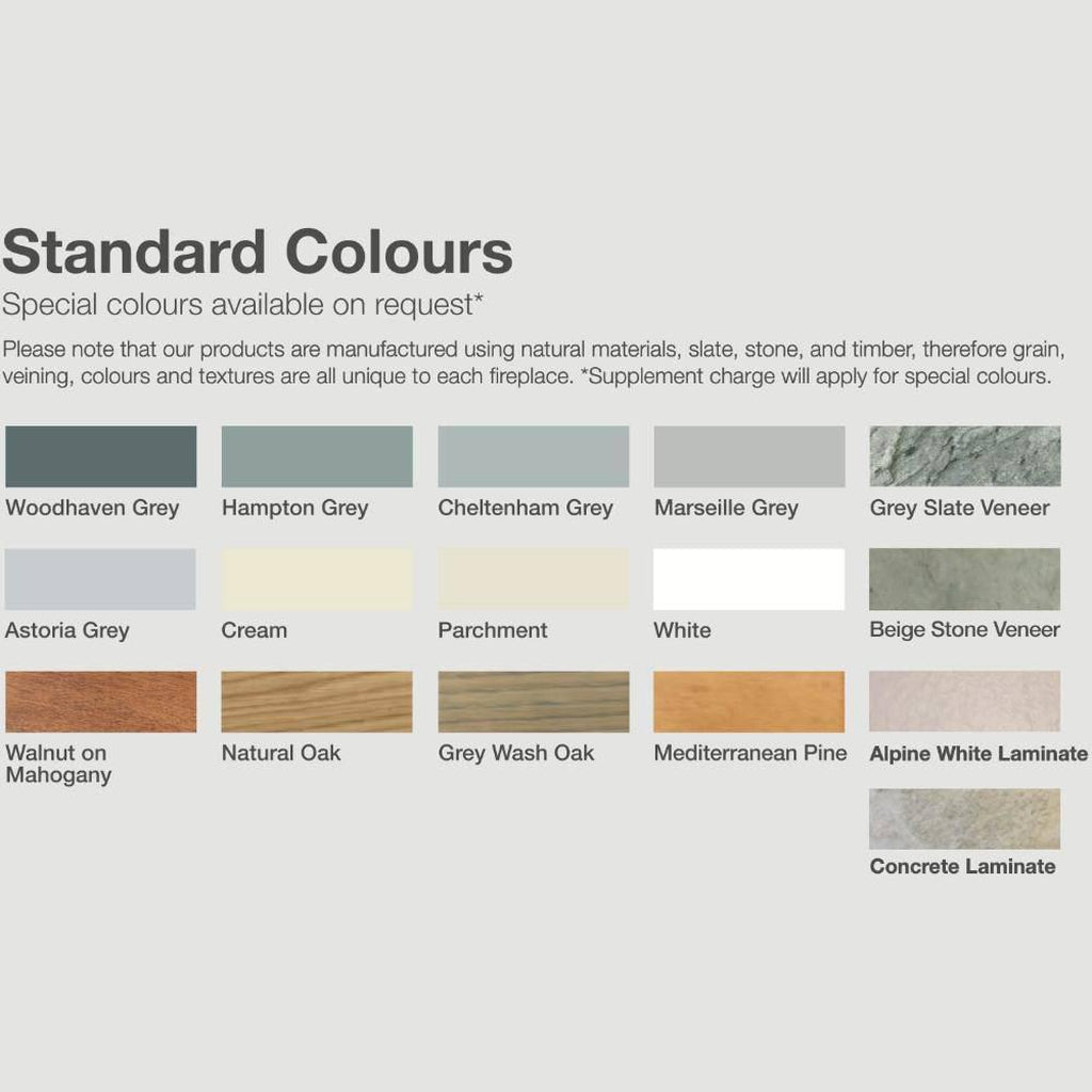 Colour palette chart for OER Hilton Electric Fireplace suite showing various grey, cream, wood, and stone finishes.