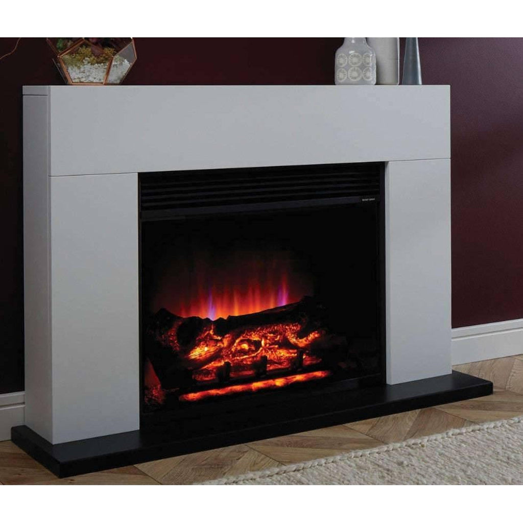 Suncrest 2kW Lindale Electric Suite in white with a black hearth and realistic glowing log fire effect.