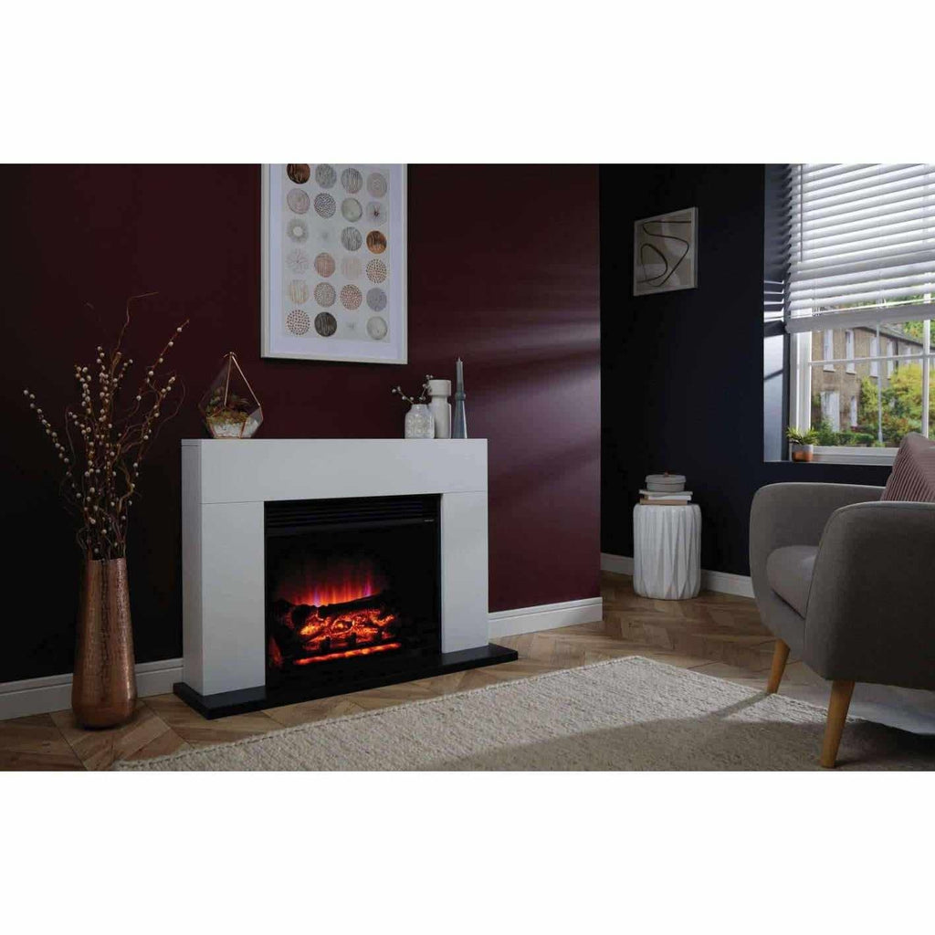 Suncrest 2kW Lindale Electric Suite in white with a black hearth and glowing log flame effect in a modern living room.