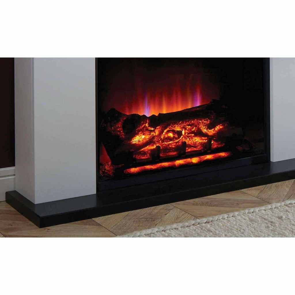 Suncrest 2kW Lindale Electric Suite in white with a black hearth and glowing log flame effect.