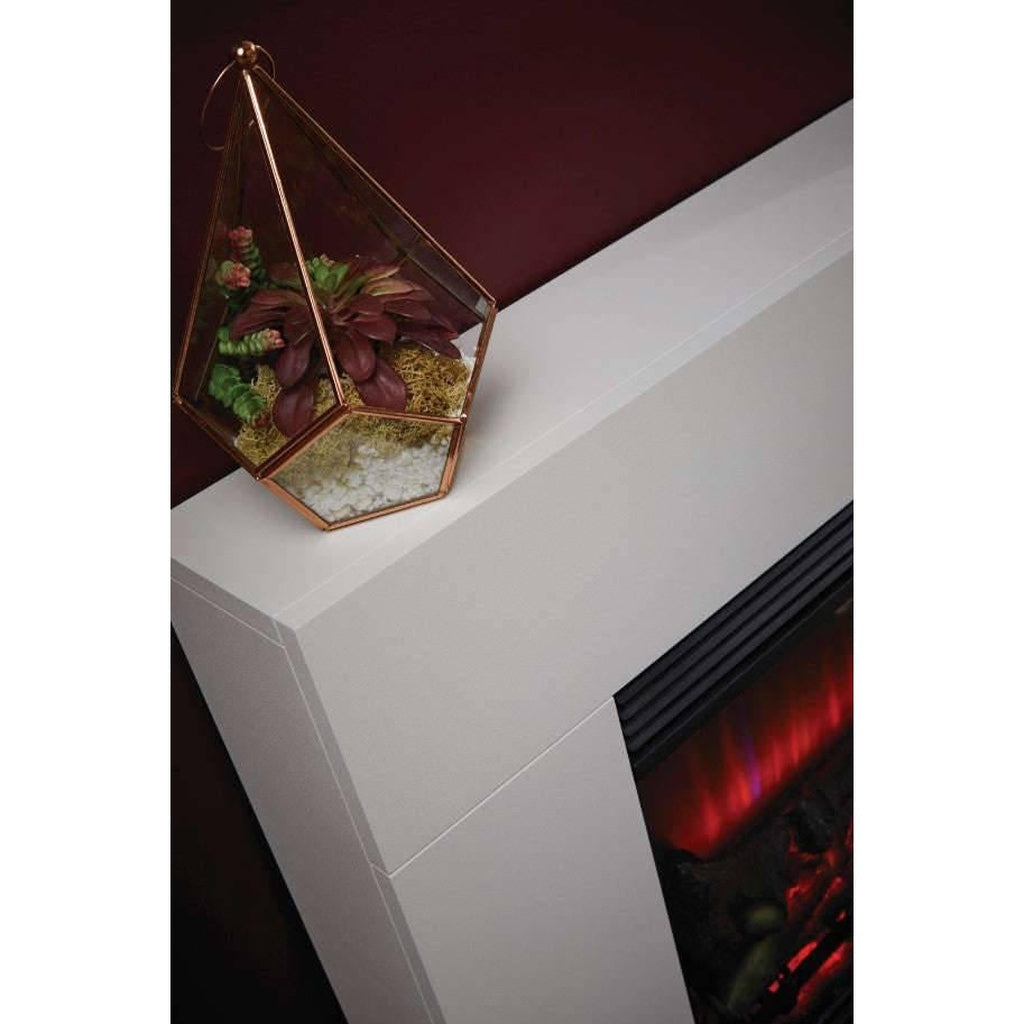 Suncrest 2kW Lindale Electric Suite in white with a geometric glass terrarium on the mantelpiece.