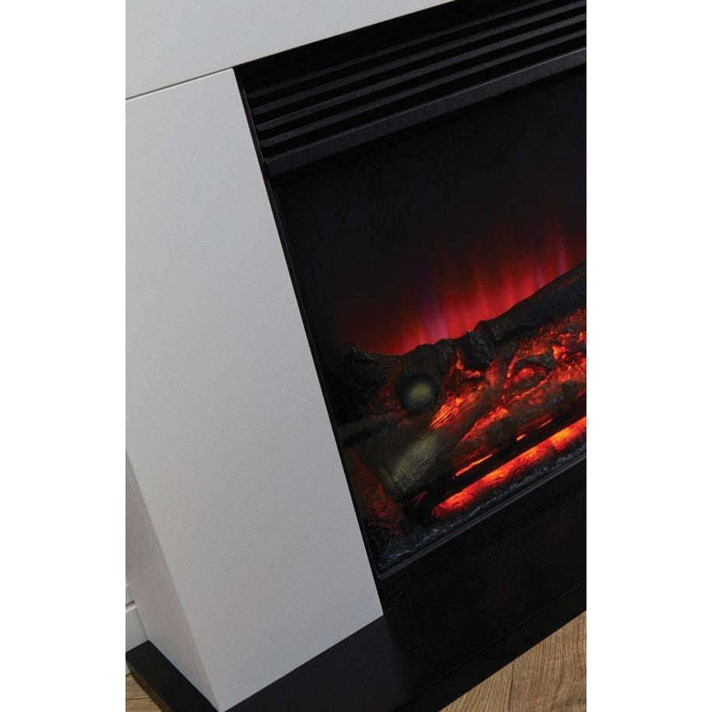 Suncrest 2kW Lindale Electric Suite in white with a black firebox, glowing log effect, and red flame visuals.