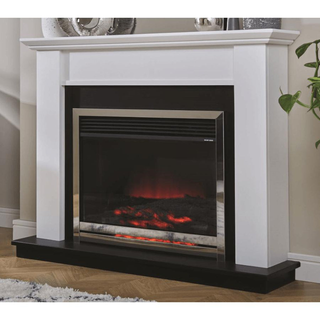 Suncrest Antigua Electric Fireplace suite with a white surround, black hearth, and chrome-framed fire with red embers.