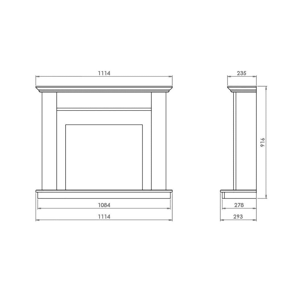 Technical line drawing of the Suncrest Antigua Electric Fireplace suite showing front and side elevation dimensions.