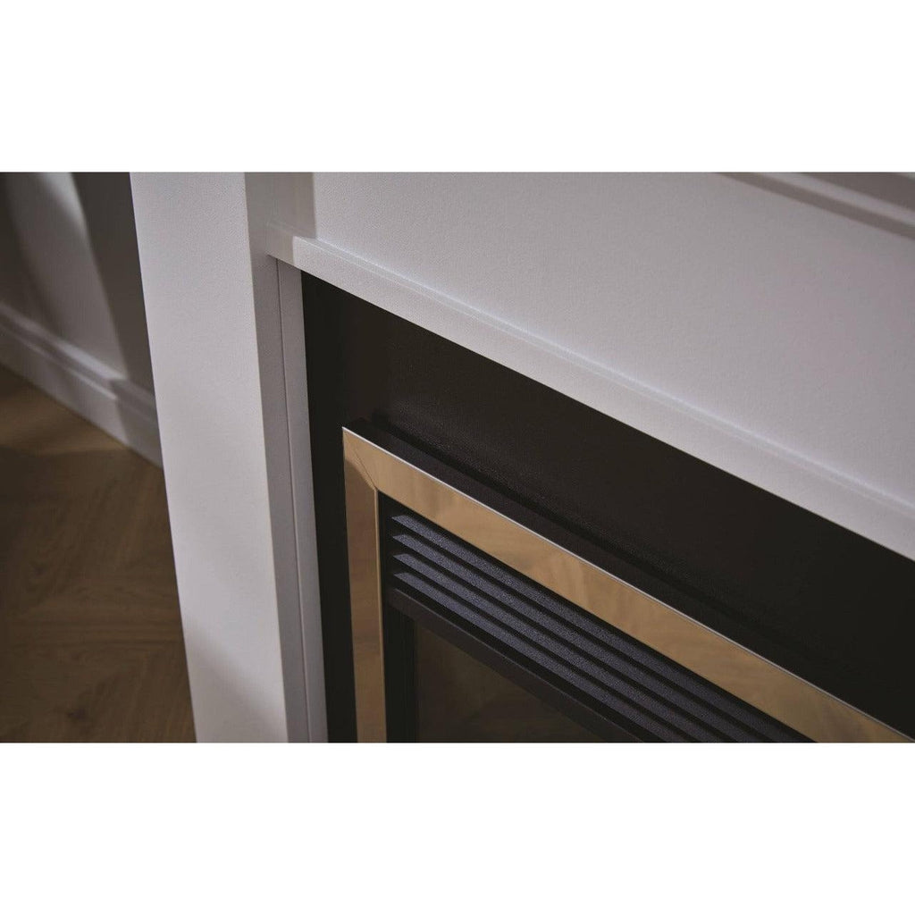 Close-up of the Suncrest Antigua Electric Fireplace suite featuring a white surround and a black fire with gold trim.
