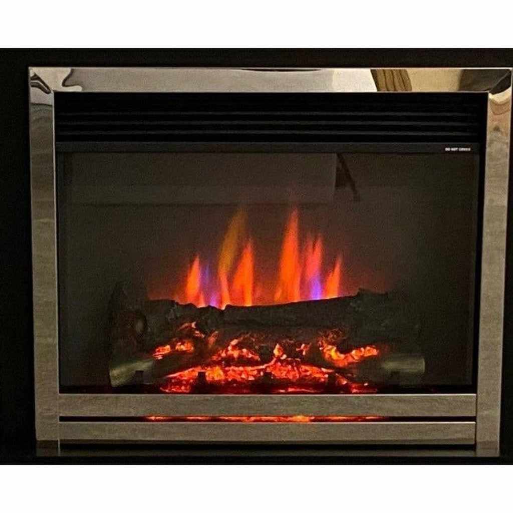 Suncrest Antigua Electric Fireplace suite with a chrome frame, glass front, and realistic glowing log fire effect.