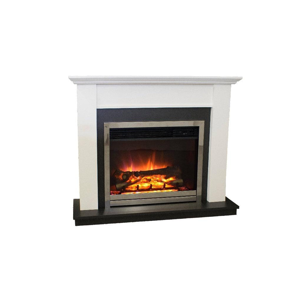 Suncrest Antigua Electric Fireplace suite with a white surround, black hearth, and glowing log flame effect.
