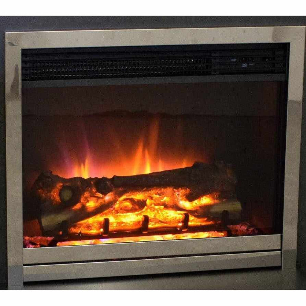 Suncrest Antigua Electric Fireplace suite with a polished chrome frame and realistic glowing log fire effect.