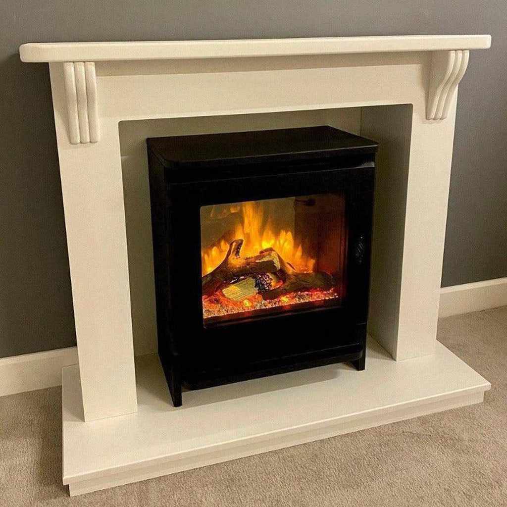 Suncrest Ashby Electric Stove Suite with a black stove and realistic log flame effect in a cream surround.
