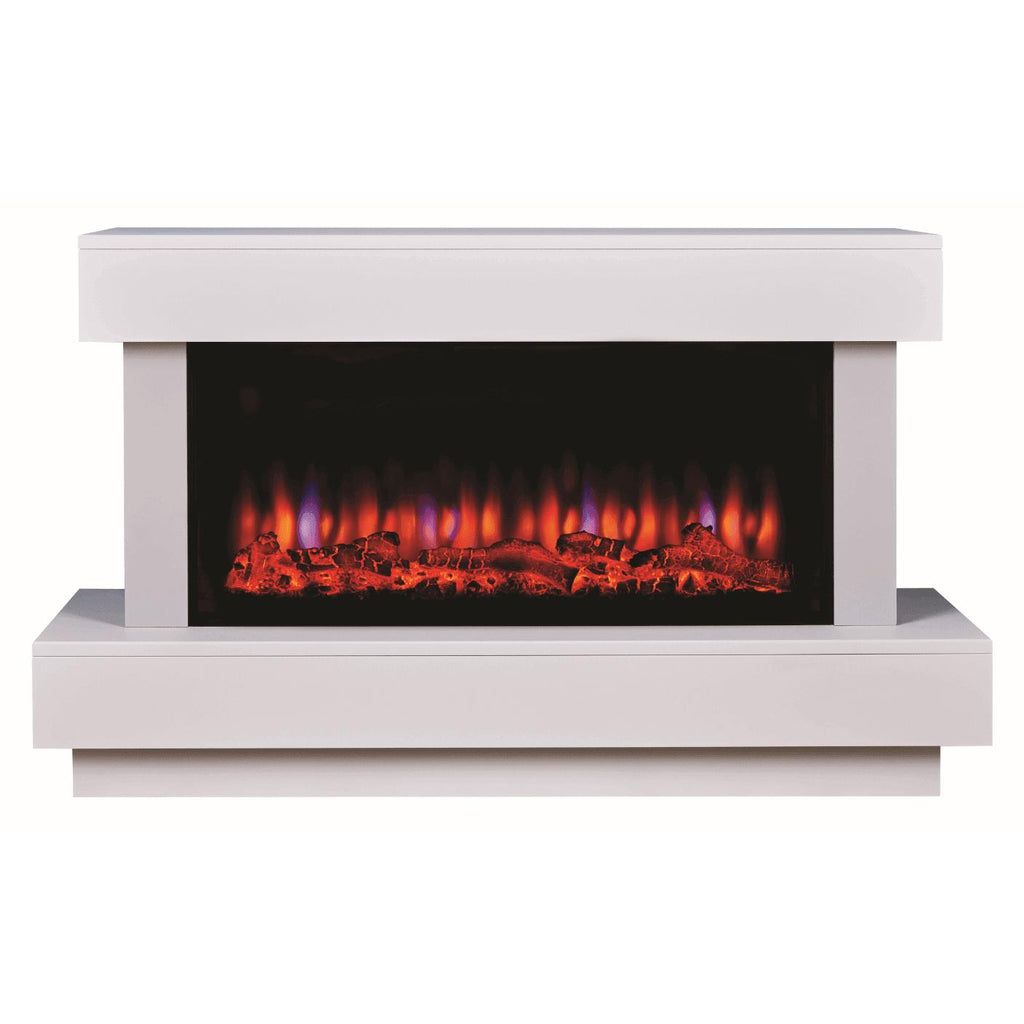 Suncrest Bourne Electric Fireplace suite in white with a glowing log effect and realistic flame display.