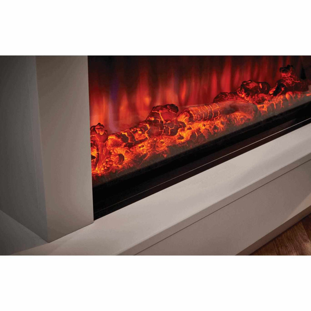 Suncrest Bourne Electric Fireplace suite featuring a realistic glowing log fuel bed and vibrant red flame effect.