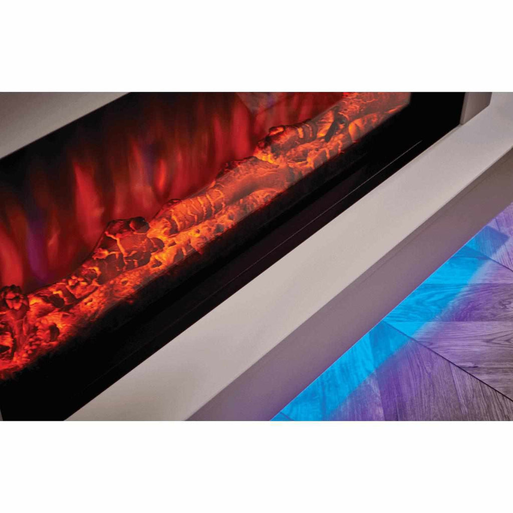Suncrest Bourne Electric Fireplace suite featuring a glowing red flame effect and blue ambient floor lighting.