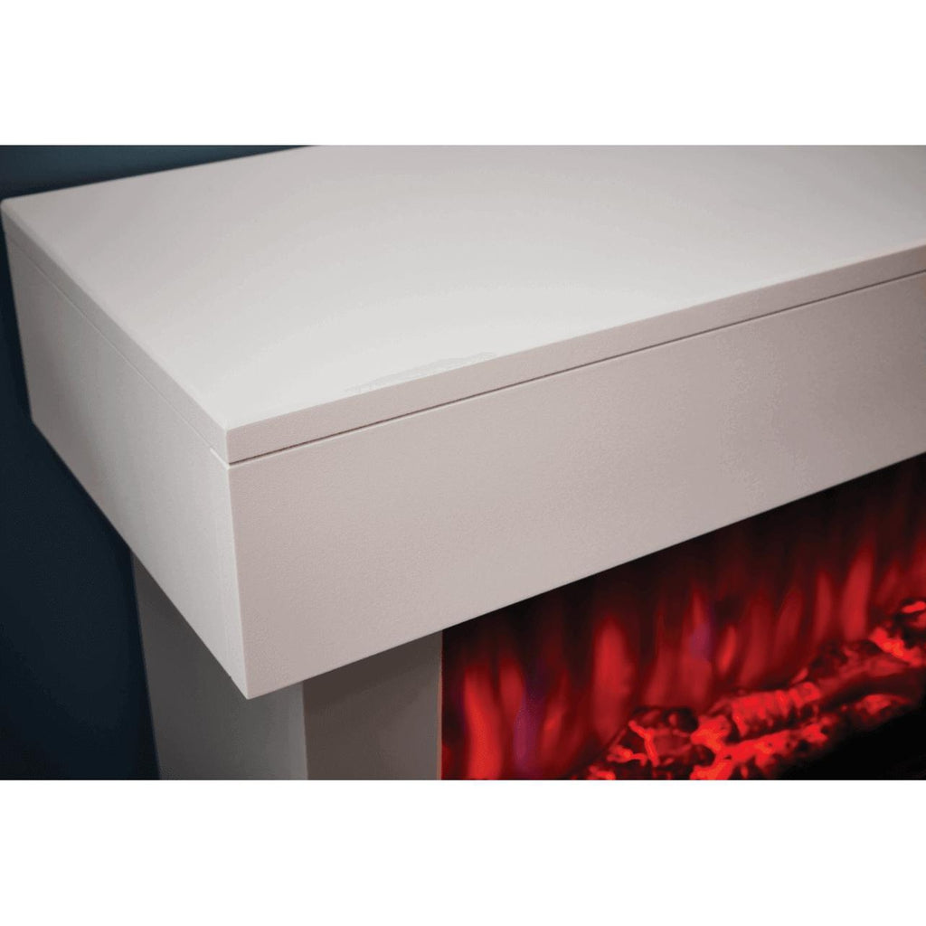 Close-up of the white, smooth-finish mantel shelf on a Suncrest Bourne Electric Fireplace suite with glowing red flames.