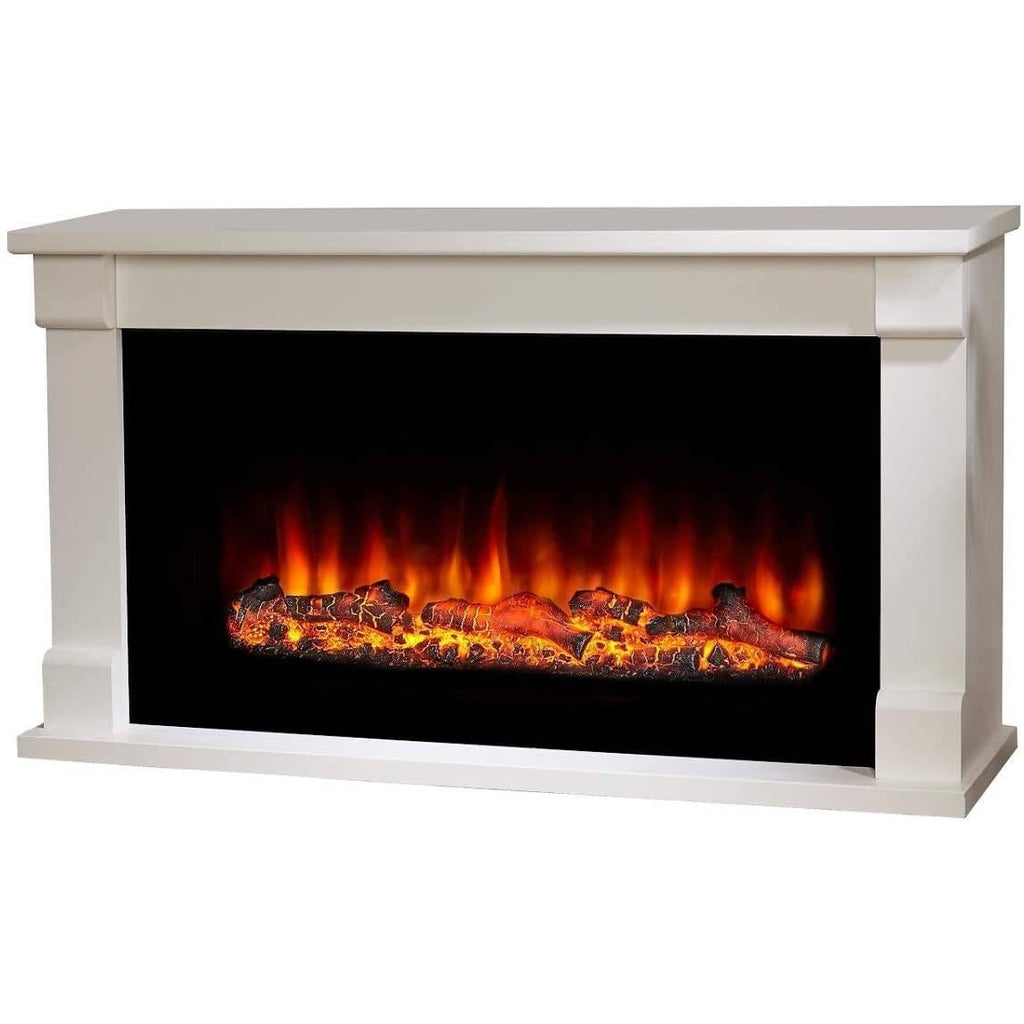 Suncrest Bradbury Ambience electric fireplace suite with a white surround and a glowing log flame effect.