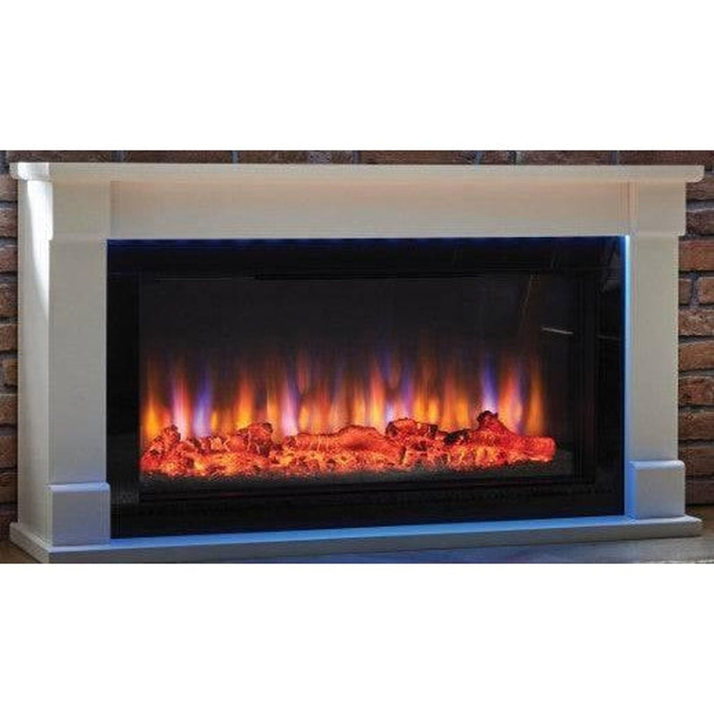 Suncrest Bradbury Ambience electric fireplace suite with a white surround and glowing orange and blue flame effect.